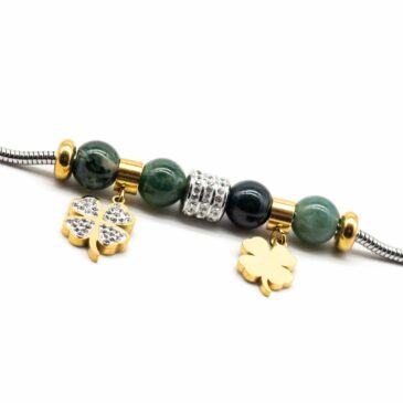 Bracciale morbido in acciaio, perline multicolori e ciondolo oro/argento Quadrifoglio